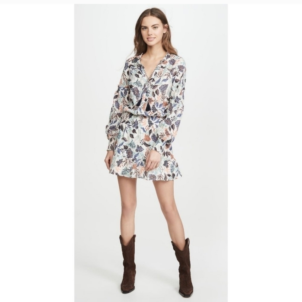 Parker Laura Botanica Leaf Print Smocked Ruffle Mini Dress L